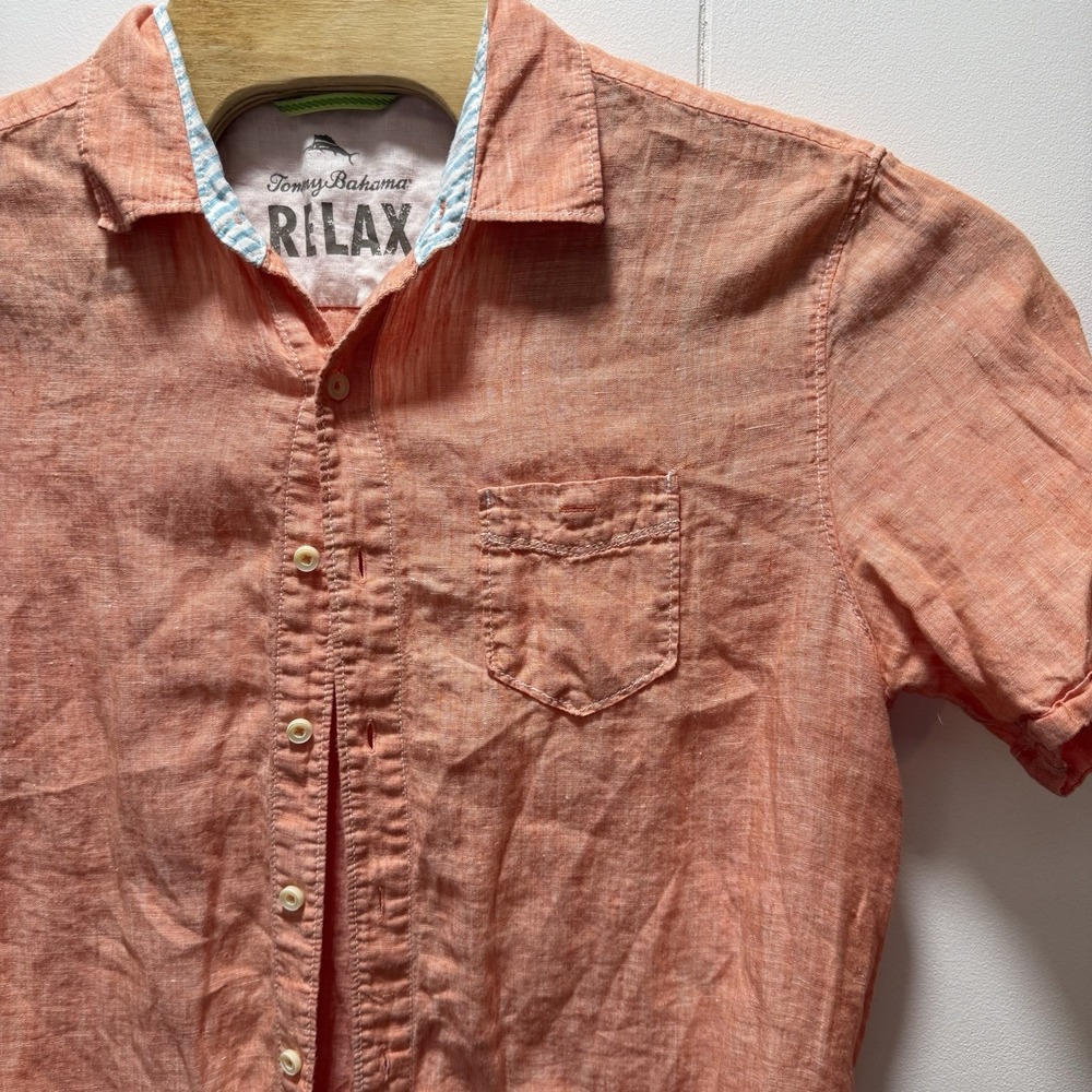 Tommy Bahama 100% Linen Shirt Mens Size Medium Short Sleeve Button Up Orange